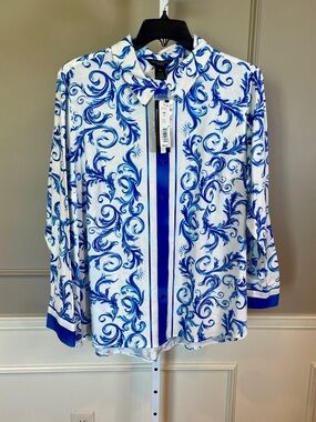 Investments NWT 2X Stretch Linen Button Down Blouse Blue White Paisley $89